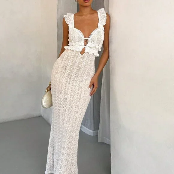 White Elegant Women's Sexy Off-Shoulder Crochet Dress - Picture 1 of 5